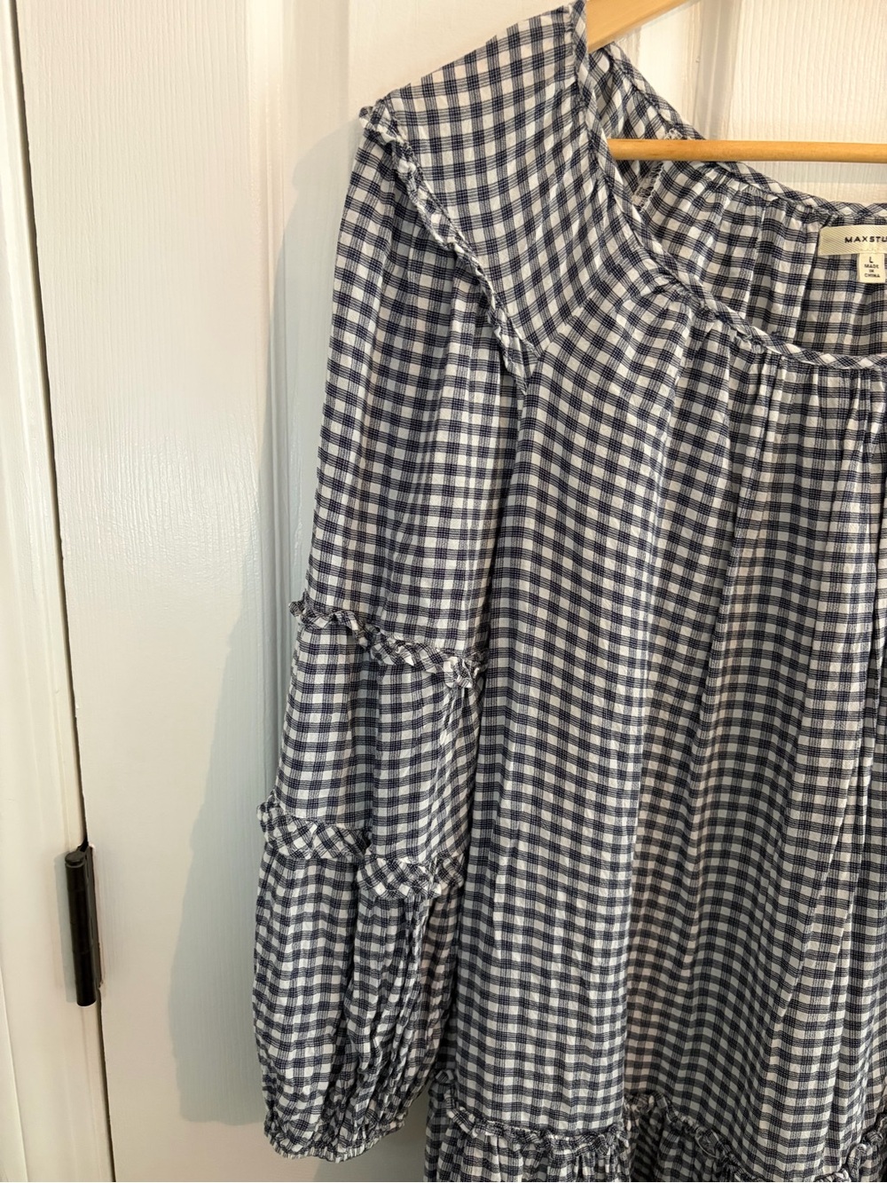 Max Studio Navy and White Gingham Long Sleeve Drop Waist Dress - Size L - Picture 5 of 9